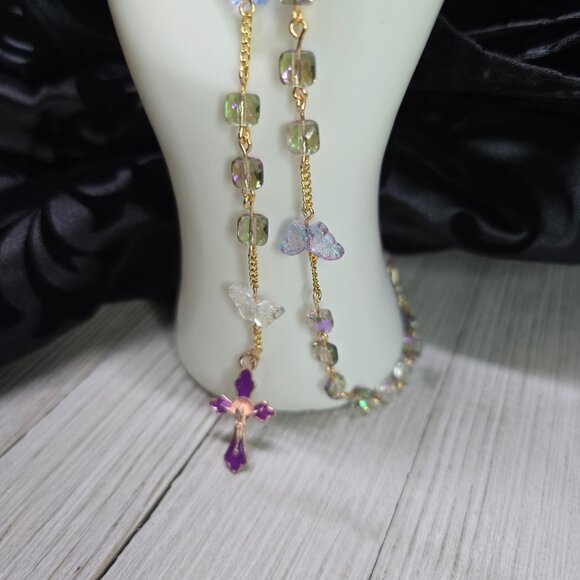 Handcrafted Whimsical Iridescent Butterfly Purple and Gold Rosary Christmas Gift - Picture 3 of 11